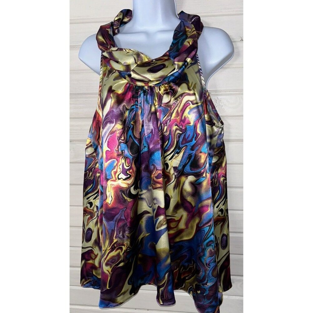 Sere Nade New York Sz LARGE Sleeveless Top Twist Ruffle Neck Vibrant Print EUC